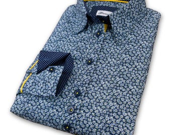 Ladies Navy Daisy Print Shirt: Relaxed Fit Long Sleeve Cotton Poplin