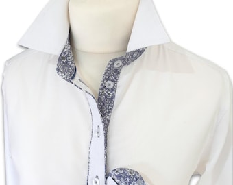 Chemise oxford à fleurs pour femme : mélange de coton blanc à manches longues