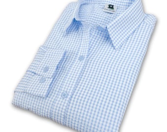 Ladies Gingham Seersucker Shirt: Women's Long Sleeve Blue and White Check