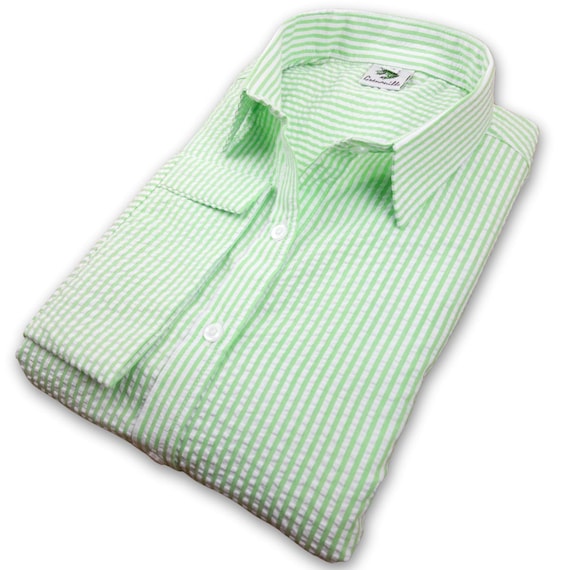 Ladies Apple Green Seersucker Shirt: Ladies 3/4 Sleeve Non-Iron Top
