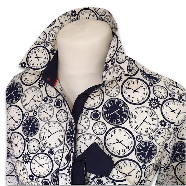 Ladies Long Sleeve Navy & White Clock Print Cotton Shirt / Blouse | Grenouille Signature Shirts