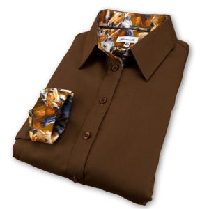 Grenouille Brown Twill Shirt: Ladies Long Sleeve with Horse Print Detail