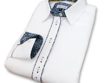 Ladies White Oxford Shirt: Navy Daisy Print, Long Sleeve Cotton Blend