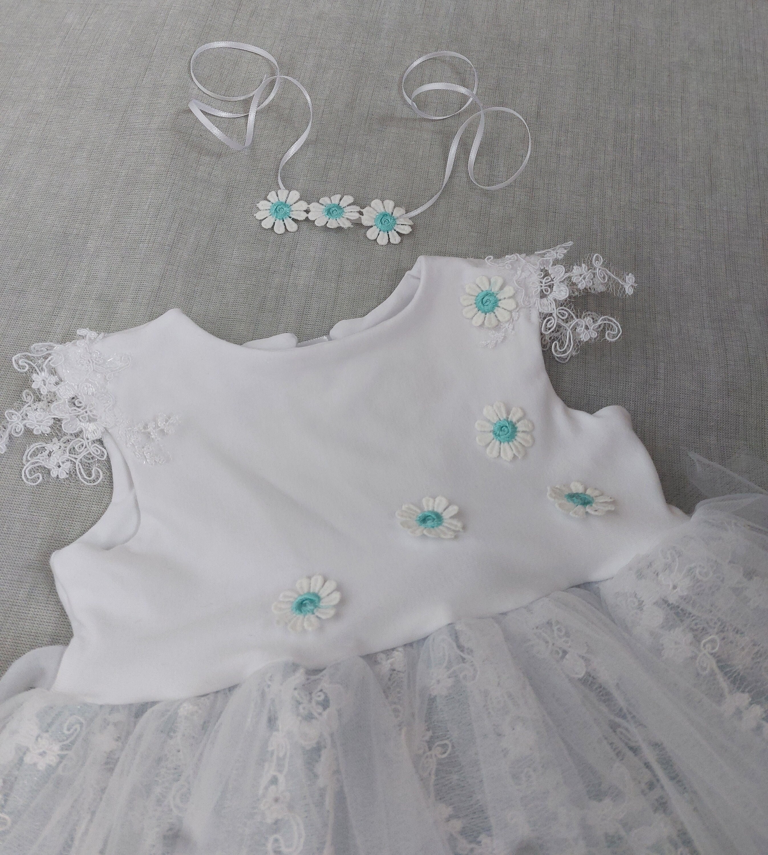 Christening dress made of linen, tulle with floral lace blue-white Christening dress made of linen, tulle with floral lace blue-white