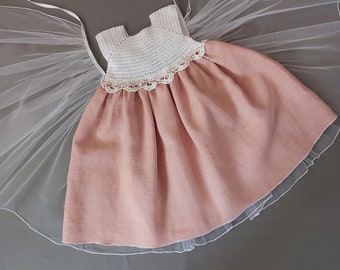 Robe vieux tulle rose/blanc lin coton fait à la main