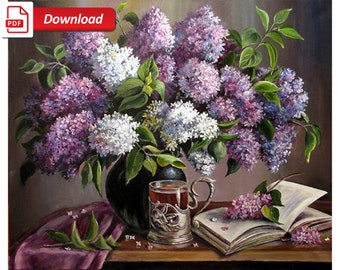 Lilac cross stitch pattern, Cross stitch flower, Cross stitch vase, Still life cross stitch, Floral cross stitch, Cross stitch pdf chart