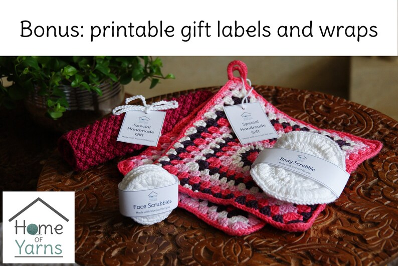 May include: A close-up of three crocheted gift items, including a pink and white crocheted pot holder, a pink crocheted washcloth, and a white crocheted body scrubbie. The items are on a wooden surface with a label that reads "Special Handmade Gift".