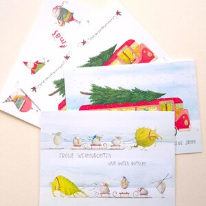 Set di 4 cartoline di Natale – slitta sull'albero di Natale degli elfi – biglietti piegati con busta – auguri con umorismo
