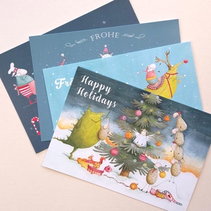 Lot de 4 cartes de Noël - Cartes pliantes avec enveloppe - Elfes du sapin de Noël Père Noël - Salutations avec humour
