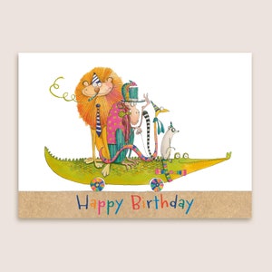 Tarjeta de cumpleaños de animales salvajes, ilustración divertida de animales, tarjeta de felicitación de cumpleaños, para amantes de los animales, cocodrilo, león, serpiente, mono, lémur