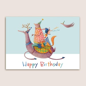 Animaux de la forêt, illustration animale amusante, carte de vœux d'anniversaire, pour les amoureux des animaux, renne ours renard hérisson écureuil corbeau