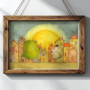 May include: A watercolor painting of a green monster playing a saxophone in a town with a yellow sun in the background. A sheep wearing a hat is standing next to the monster.