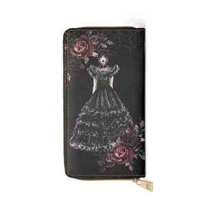 Cartera gótica con cremallera, accesorio inspirado en la serie "Miércoles Addams", estampado floral, regalo de Halloween, cartera negra con cremallera.