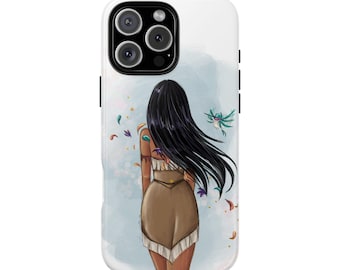 May include: A white smartphone case featuring a digital illustration of a person with long black hair seen from behind, wearing a tan fringed dress. The background is a light blue watercolor wash with floating colorful leaves and a small hummingbird.