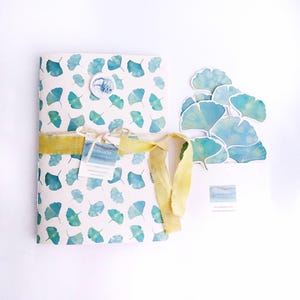 Ginkgo Biloba Azzurro, quaderno fatto a mano + stickers a foglia