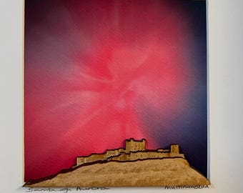 Bamburgh Castle made from layered wood with Northern Lights Aurora sky background
