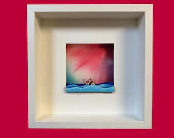 Two Sea Swimmers Under Northern Lights Aurora Sky - White Frame