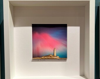 St Marys Lighthouse made from layered wood with Northern Lights Aurora sky background