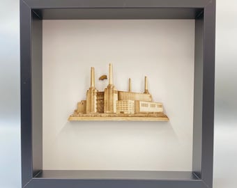 Pig Over Battersea Power Station Made In Wood Black Frame