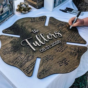 Firefighter Wedding Guest Book Sign, Maltese Cross Wood Decor, Personalized 2025 Wedding or Bridal Shower Gift, Wedding Keepsake