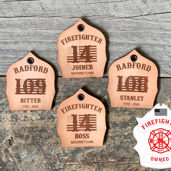 Personalized Firefighter Keychain, Genuine Leather, Firefighter Gift, Firefighter Gear Tag, Personalized Gift, Fire Helmet Shield