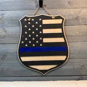 Police Badge - American Flag - Wooden Door Hanger - Blue Line Flag - Thin Blue Line - Police Flag - Promotional Gift - Law Enforcement