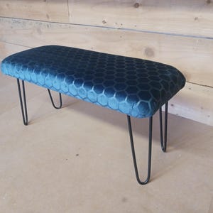Bench seat with handmade iron hairpin legs and upholstered to a high standard