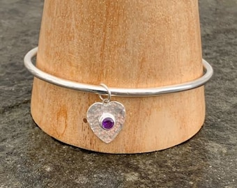 Sterling Silver Bangle- polished Silver bangle - Amethyst charm bangle