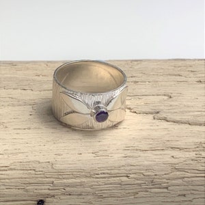 Solid Silver Wide band ring, sterling silver ring stone set, amethyst solid silver ring