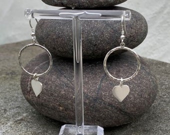 Handmade silver heart drop earrings