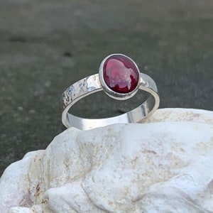 Solid silver single stone, birthstone ring, handmade in Cornwall.  textured single stone ring