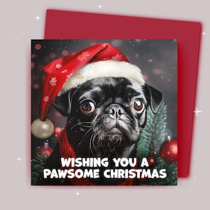 Kerstkaart / Ik wens je een fijne kerst / Mopshond met kerstmuts