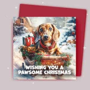 Kerstkaart / Ik wens je een fijne kerst / Teckel rijdt op een kerstslee