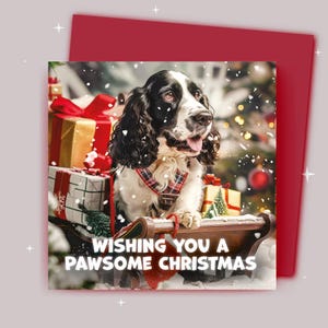 Kerstkaart / Ik wens je een fijne kerst / Springerspaniël rijdt op een kerstslee