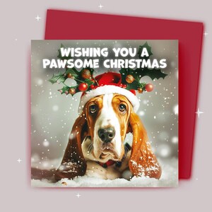Kerstkaart / Ik wens je een fijne kerst / Bloedhond met een kerstmuts