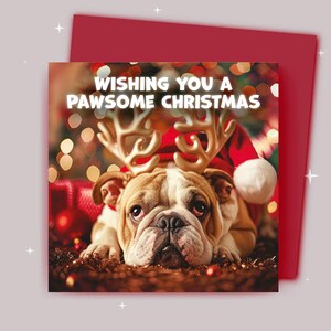 Kerstkaart / Ik wens je een fijne kerst / Britse stierhond met kerstgewei