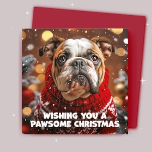 Weihnachtskarte / Schöner Weihnachtsgruß / Britischer Bulldogge im Weihnachtspullover