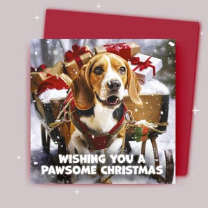 Kerstkaart / Ik wens je een fijne kerst / Beagle trekt aan een kerstslee