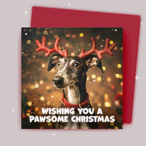 Kerstkaart / Ik wens je een fijne kerst / Greyound met kerstgewei