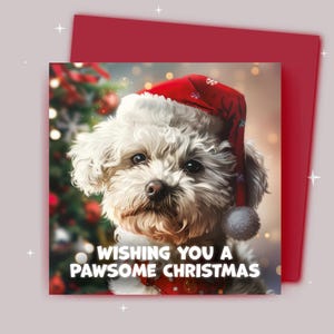 Weihnachtskarte / Wishing You A Pawsome Christmas / Bichon Frise trägt eine Weihnachtsmütze