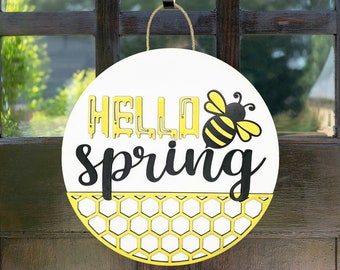 Spring Sign - Hello Spring Honeybee Sign, Door Sign, Door Hanger, Wooden Sign, Home Décor, Patriotic Sign, Farmhouse Sign