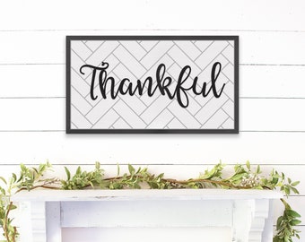 Thankful Sign – Herringbone Tile, Farmhouse Wood Decor