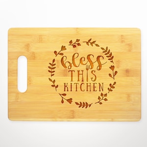 Bamboo Cutting Board - Bless This Kitchen Floral Wreath Cutting Board, Wood Enrgaved Cutting Board, Engraved Gift