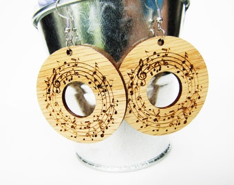 Engraved Musical Notes Wood Earrings – Lightweight Laser Cut