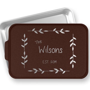 Personalized Cake Pan - Last Name Established Leaf Boarder - Custom Engraved Cake Pan - Housewarming Gift - Baking Pan - Wedding Gift