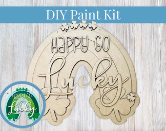 DIY Sign Kit - Happy Go Lucky Rainbow Clover Sign, Welcome Sign, DIY Kit, Paint at Home, Wood Craft Kit, Paint Your Own, Paint Party