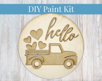 DIY Sign Kit - Hello Hearts Vintage Truck Sign, Welcome Sign, DIY Kit, Paint at Home, Wood Craft Kit, Paint Your Own, Paint Party