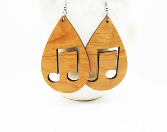 Wood Earrings - Teardrop Music Notes Cutout Earrings - Wooden Earring, Lightweight Earring, Laser Cut