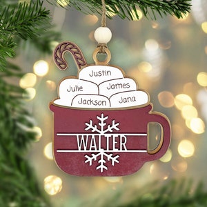 Hot Cocoa Name Ornament - Family Names Ornament, Wood Ornament, Personalized Ornament, Name, Engraved Wooden Christmas Ornament