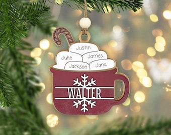 Hot Cocoa Name Ornament - Family Names Ornament, Wood Ornament, Personalized Ornament, Name, Engraved Wooden Christmas Ornament